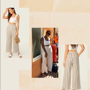 Buttoned Front Raw Hem Wide Leg Striped Pants